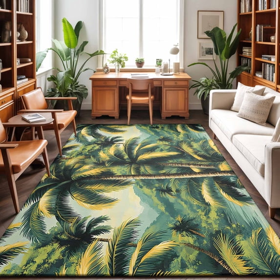 Area Rugs 5'x7', Summer Palm Tree Carpet Runner Indoor Outdoor Rugs Home Decor Aesthetic, Tropical Plant Leaves Nature Landscape Non Slip Mats Washable Accent Rug for Living Room Bedroom