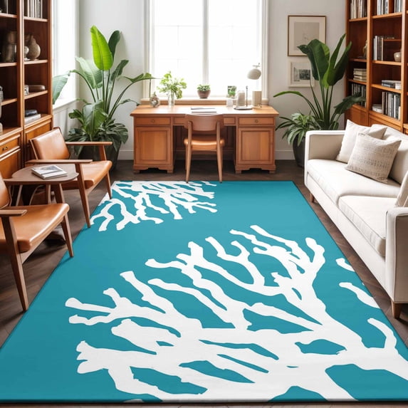 Area Rugs 5'x7', Teal Blue Coral Coastal Carpet Runner Indoor Outdoor Rugs Home Decor Aesthetic, Nautical Ocean Summer Beach Non Slip Mats Washable Accent Rug for Living Room Bedroom
