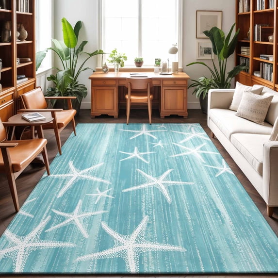 Area Rugs 5'x7', Teal Coastal Carpet Runner Indoor Outdoor Rugs Home Decor Aesthetic, Summer Ocean Waves Ombre Sea Starfish Non Slip Mats Washable Accent Rug for Living Room Bedroom