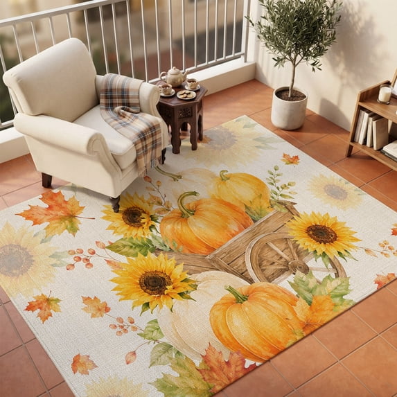 Area Rugs 5'x7', Thanksgiving Fall Carpet Runner Indoor Outdoor Rugs Home Decor Aesthetic, Rustic Orange Pumpkin Sunflowers Leaves Non Slip Mats Washable Accent Rug for Living Room Bedroom