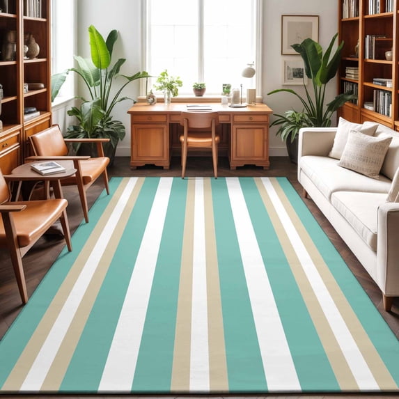 Area Rugs 5'x7', Turquoise Khaki Striped Carpet Runner Indoor Outdoor Rugs Home Decor Aesthetic, Modern Minimalism Abstract Art Non Slip Mats Washable Accent Rug for Living Room Bedroom