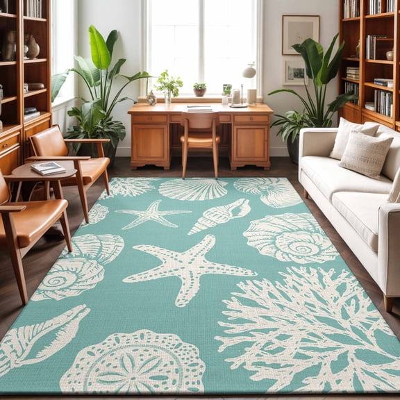 Area Rugs 5'x7', Turquoise Starfish Coastal Carpet Runner Indoor Outdoor Rugs Home Decor Aesthetic, Shell Summer Beach Nautical Non Slip Mats Washable Accent Rug for Living Room Bedroom