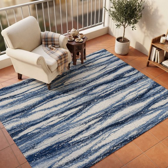 Area Rugs 5'x7', Vintage Navy Blue Waves Carpet Runner Indoor Outdoor Rugs Home Decor Aesthetic, Coastal Nautical Abstract Art Non Slip Mats Washable Accent Rug for Living Room Bedroom