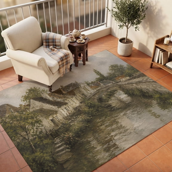 Area Rugs 5'x7', Vintage Village Carpet Runner Indoor Outdoor Rugs Home Decor Aesthetic, Farmhouse House Trees River Bridge Cloud Non Slip Mats Washable Accent Rug for Living Room Bedroom