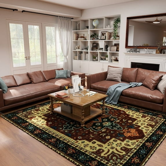 Area Rugs 5'x7' Washable Non-Slip, Floral Vintage Distress Print Pattern Medallion Carpet for Living Room Bedroom Dining Room, Brick Red Rust Red Neutral