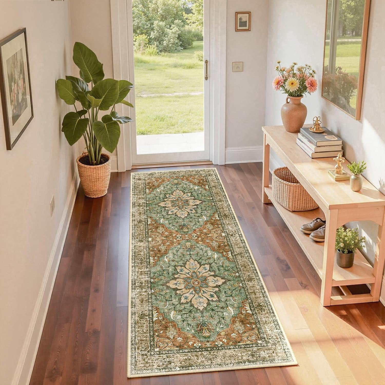 Area Rugs 5'x7' Washable Non-Slip, Floral Vintage Distress Print ...