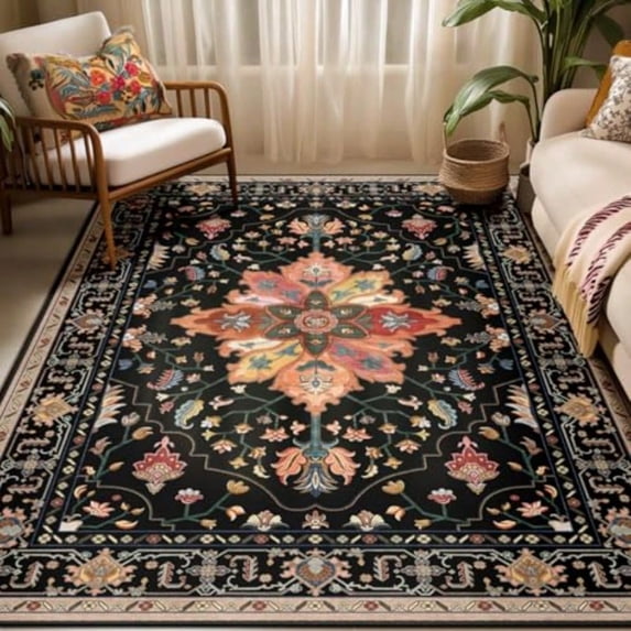 Area Rugs 5'x7' Washable NonSlip Floral Vintage Distress Print Pattern Medallion Carpet For Living Room Bedroom Dining Room Black Colorful Floral Dark Tan
