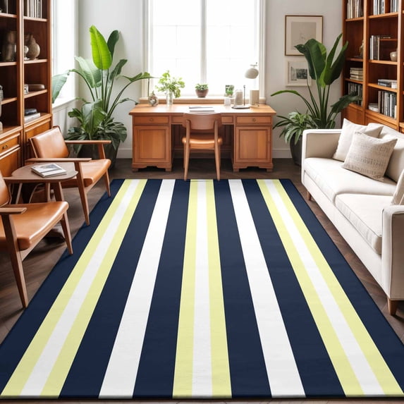 Area Rugs 5'x7', Yellow Navy Blue Striped Carpet Runner Indoor Outdoor Rugs Home Decor Aesthetic, Neutral Minimalist Lines Non Slip Mats Washable Accent Rug for Living Room Bedroom