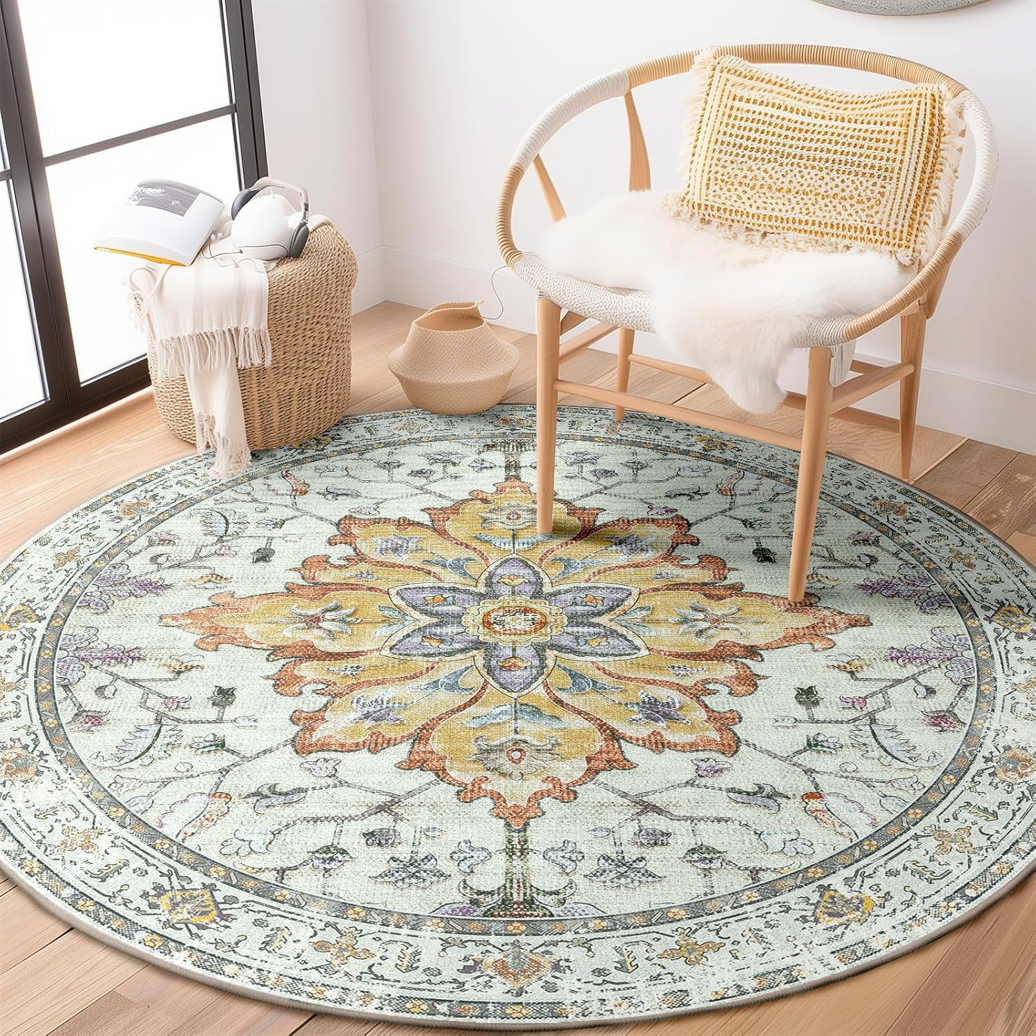 Area Rugs 5ft Washable Non-Slip, Floral Vintage Distress Print Pattern ...