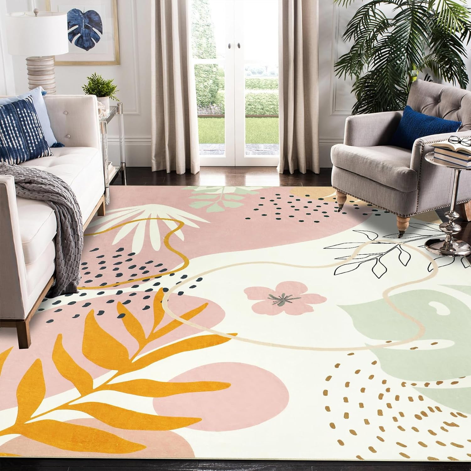 Pink Abstract Washable 5' x 7' Non-Slip Wool Area Rug