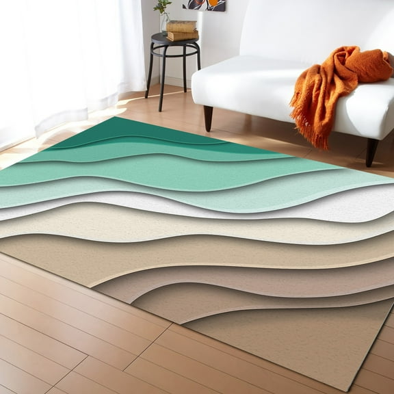 Area Rugs 5x7 Ft Abstract Geometric Green Brown Gradient Waves Beach Non-Slip Washable Rug Indoor Rug Floor Mats Non Shedding Carpet for Living Room Bedroom Dining Room Home Decor