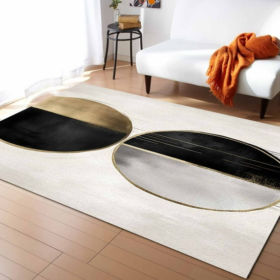 Area Rugs 5x7 Ft Abstract Mottled Geometric Black Gold Gray Line Circle Moon Non-Slip Washable Rug Indoor Rug Floor Mats Non Shedding Carpet for Living Room Bedroom Dining Room Home Decor
