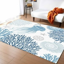 Area Rugs 5x7 Ft Blue Coral Jellyfish Starfish Seashell Coastal Ocean Non-Slip Washable Rug Indoor Rug Floor Mats Non Shedding Carpet for Living Room Bedroom Dining Room Home Decor
