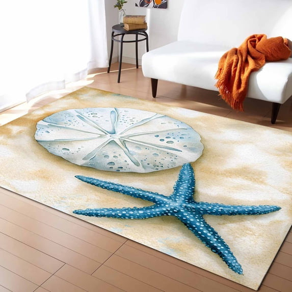 Area Rugs 5x7 Ft Blue Coral Starfish Ocean Coastal Vintage Nautical Non-Slip Washable Rug Indoor Rug Floor Mats Non Shedding Carpet for Living Room Bedroom Dining Room Home Decor