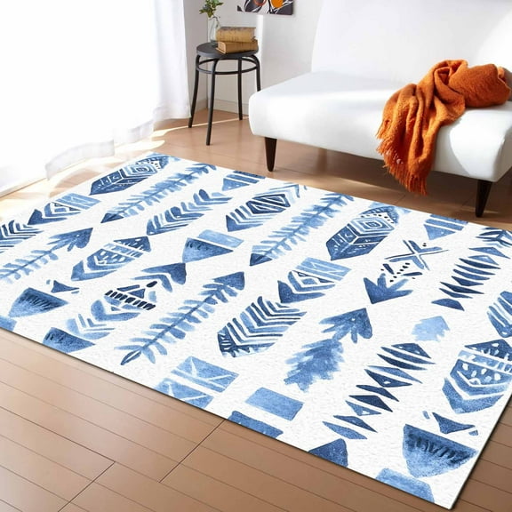 Area Rugs 5x7 Ft Bohemia Abstract Ethnic Style Blue Arrows Texture Non-Slip Washable Rug Indoor Rug Floor Mats Non Shedding Carpet for Living Room Bedroom Dining Room Home Decor