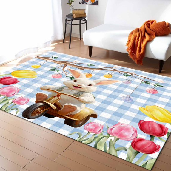 Area Rugs 5x7 Ft Easter Cute Bunny Rides A Bike Tulip Eggs Blue Plaid Non-Slip Washable Rug Indoor Rug Floor Mats Non Shedding Carpet for Living Room Bedroom Dining Room Home Decor
