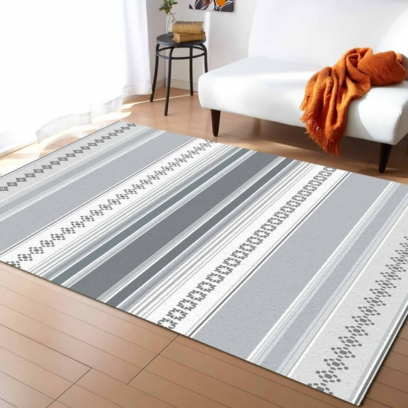 Area Rugs 5x7 Ft Floral Pattern Gray White Striped Non-Slip Washable Rug Indoor Rug Floor Mats Non Shedding Carpet for Living Room Bedroom Dining Room Home Decor