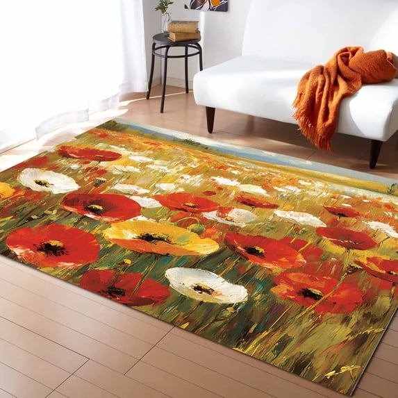 Area Rugs 5x7 Ft Floral Red White Poppy Sea Of Flowers Sky Lawn Oil Painting Non-Slip Washable Rug Indoor Rug Floor Mats Non Shedding Carpet for Living Room Bedroom Dining Room Home Decor