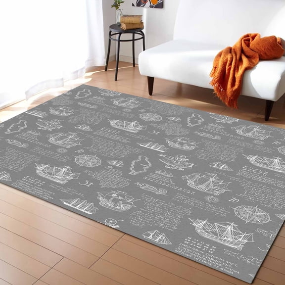 Area Rugs 5x7 Ft Grey Ocean Map Logo White Silhouette Art Pattern Non-Slip Washable Rug Indoor Rug Floor Mats Non Shedding Carpet for Living Room Bedroom Dining Room Home Decor