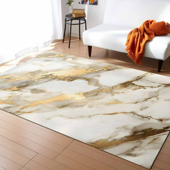 Area Rugs 5x7 Ft Minimalism Marble Texture White Gold Crack Stone Abstract Art Non-Slip Washable Rug Indoor Rug Floor Mats Non Shedding Carpet for Living Room Bedroom Dining Room Home Decor