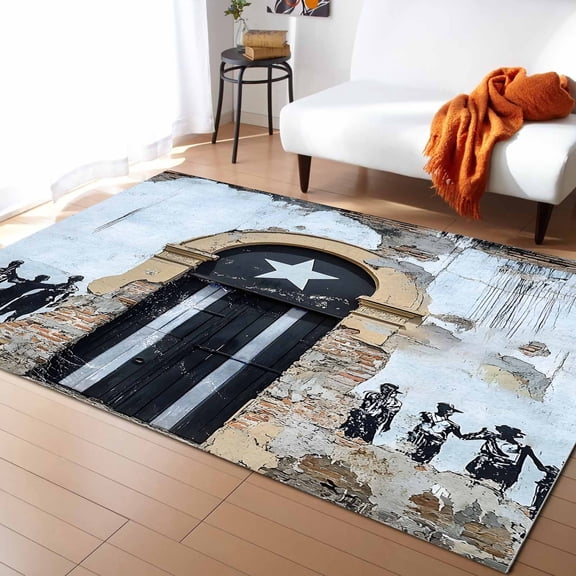 Area Rugs 5x7 Ft Modern Retro Mottled Wall Doors Stars Ruins Realistic Non-Slip Washable Rug Indoor Rug Floor Mats Non Shedding Carpet for Living Room Bedroom Dining Room Home Decor