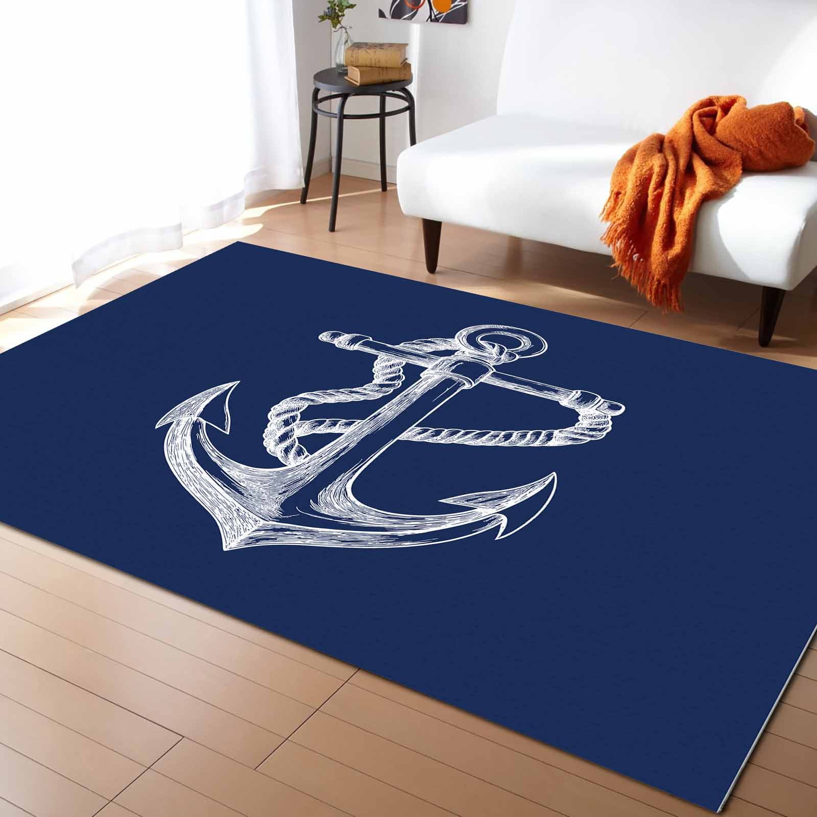 Area Rugs 5x7 Ft Nautical Anchor Rope Coastal Navy Blue Non-Slip ...