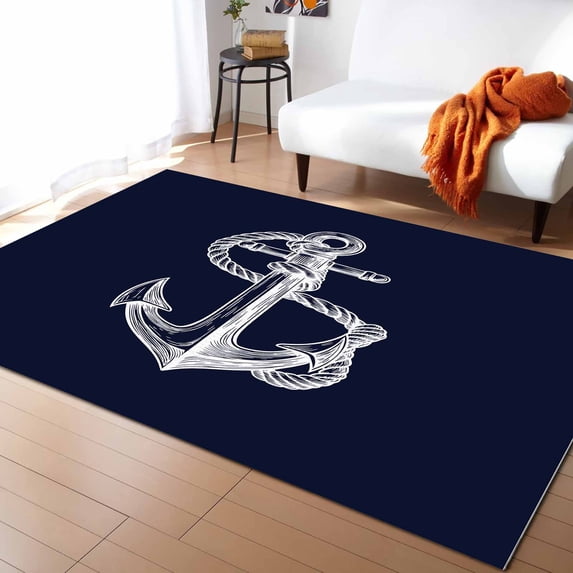 Area Rugs 5x7 Ft Nautical Anchor Rope Knot Coastal Dark Blue Non-Slip Washable Rug Indoor Rug Floor Mats Non Shedding Carpet for Living Room Bedroom Dining Room Home Decor