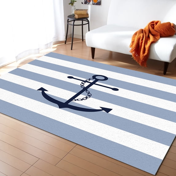 Area Rugs 5x7 Ft Nautical Anchor Sky Blue and White Striped Non-Slip Washable Rug Indoor Rug Floor Mats Non Shedding Carpet for Living Room Bedroom Dining Room Home Decor