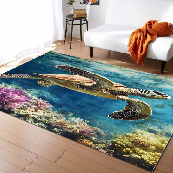 Area Rugs 5x7 Ft Ocean Turtle Coral Retro Non-Slip Washable Rug Indoor Rug Floor Mats Non Shedding Carpet for Living Room Bedroom Dining Room Home Decor