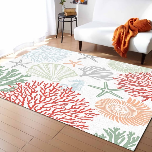 Area Rugs 5x7 Ft Red Coral Sage Green Starfish Ocean Coastal Seashell Non-Slip Washable Rug Indoor Rug Floor Mats Non Shedding Carpet for Living Room Bedroom Dining Room Home Decor
