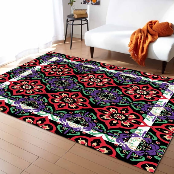 Area Rugs 5x7 Ft Red Purple Ethnic Floral Pattern Baroque Style Non-Slip Washable Rug Indoor Rug Floor Mats Non Shedding Carpet for Living Room Bedroom Dining Room Home Decor