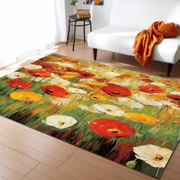 Area Rugs 5x7 Ft Retro Floral Red White Yellow Poppy Grassland Oil Painting Non-Slip Washable Rug Indoor Rug Floor Mats Non Shedding Carpet for Living Room Bedroom Dining Room Home Decor