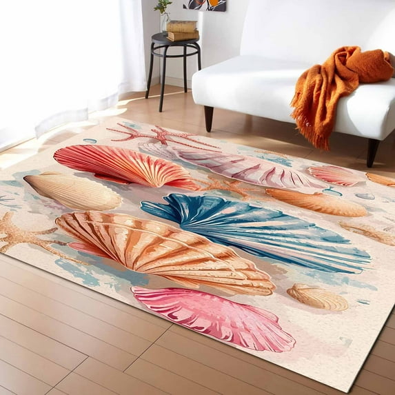 Area Rugs 5x7 Ft Summer Beach Colorful Seashell Vintage Coastal Non-Slip Washable Rug Indoor Rug Floor Mats Non Shedding Carpet for Living Room Bedroom Dining Room Home Decor