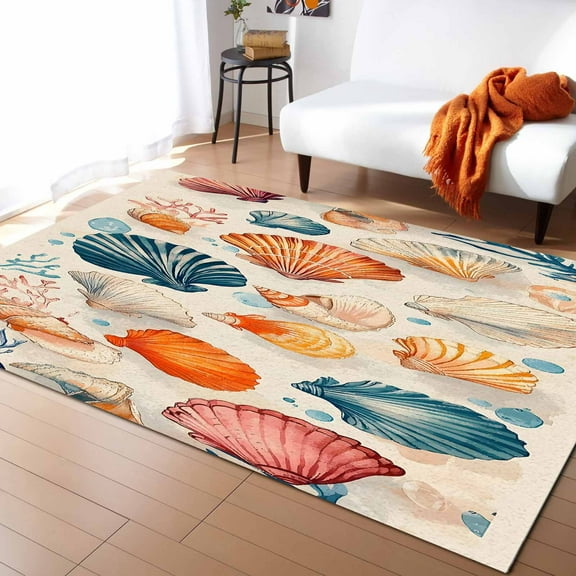 Area Rugs 5x7 Ft Summer Beach Orange White Blue Seashell Vintage Coastal Non-Slip Washable Rug Indoor Rug Floor Mats Non Shedding Carpet for Living Room Bedroom Dining Room Home Decor