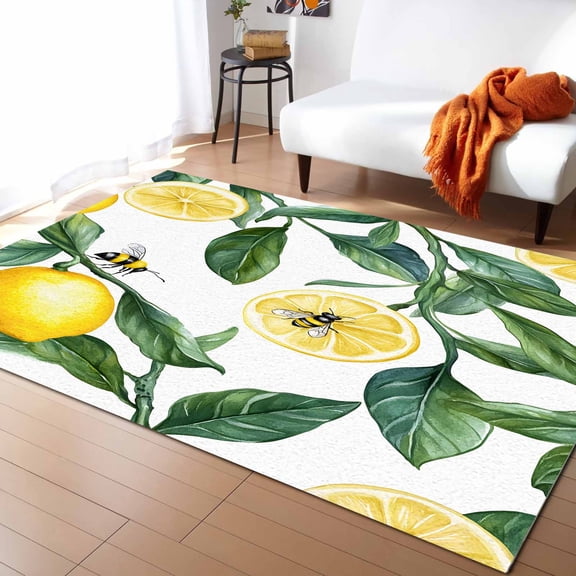 Area Rugs 5x7 Ft Summer Lemon Slice Bee Sage Green Leaves Non-Slip Washable Rug Indoor Rug Floor Mats Non Shedding Carpet for Living Room Bedroom Dining Room Home Decor