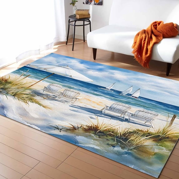 Area Rugs 5x7 Ft Summer Scenery Beach Chair Ship Vacation Non-Slip Washable Rug Indoor Rug Floor Mats Non Shedding Carpet for Living Room Bedroom Dining Room Home Decor