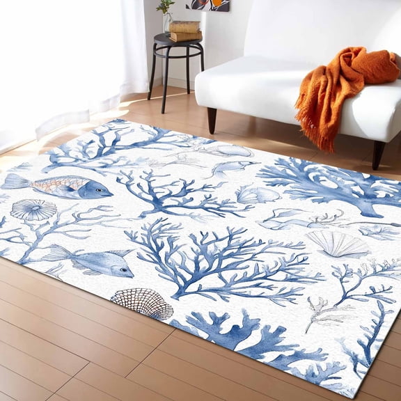 Area Rugs 5x7 Ft Summer Watercolor Dusty Blue Coral Fish Seashell Nautical Non-Slip Washable Rug Indoor Rug Floor Mats Non Shedding Carpet for Living Room Bedroom Dining Room Home Decor
