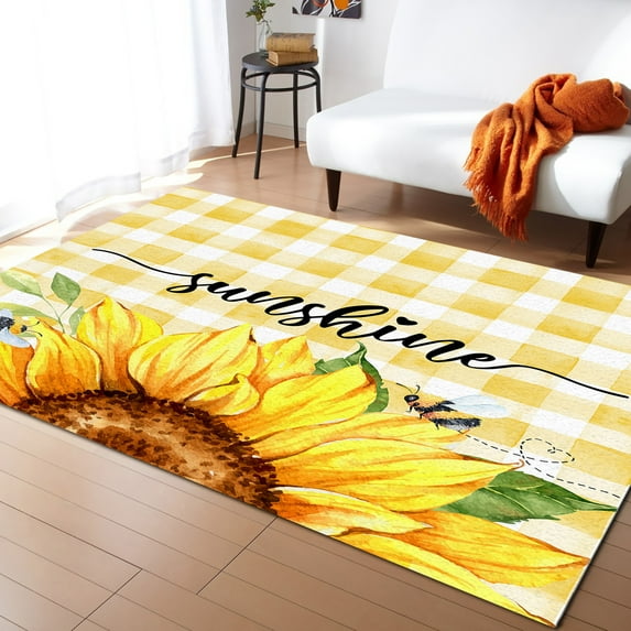 Area Rugs 5x7 Ft Summer Watercolor Sunflowers Yellow Buffalo Plaid Non-Slip Washable Rug Indoor Rug Floor Mats Non Shedding Carpet for Living Room Bedroom Dining Room Home Decor
