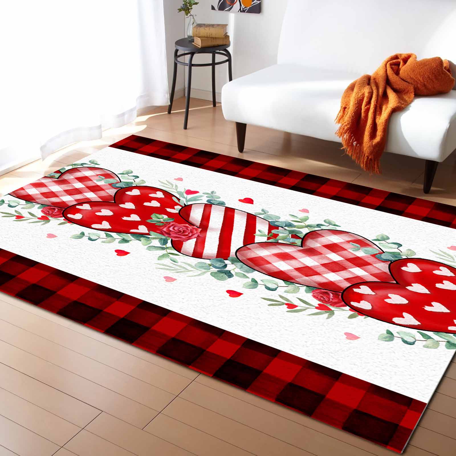 Area Rugs 5x7 Ft Valentine's Day Love Heart Rose Eucalyptus Red and ...