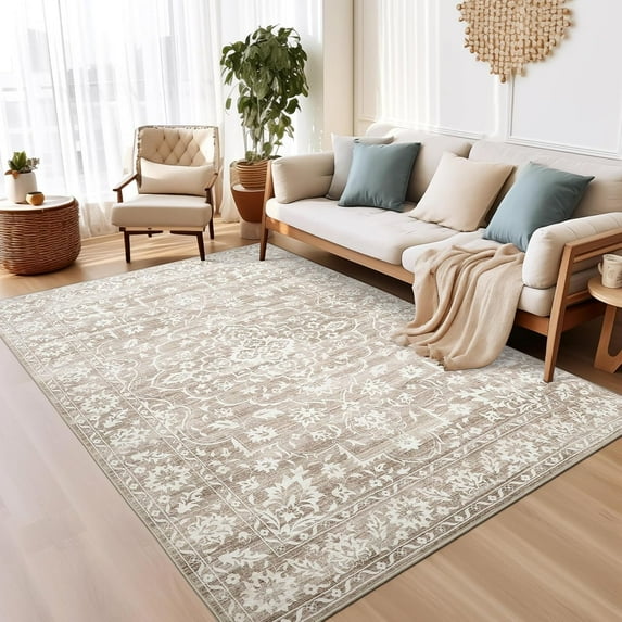 Area Rugs 5x7 for Living Room, Floral Washable Rugs for Dining Room, Bedroom, Vintage Non-Slip Thin Area Rug(Light Brown, 5'x7')
