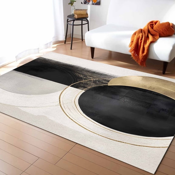 Area Rugs 5x8 Ft Abstract Art Mottled Moon Black Gold Circle Line Geometric Non-Slip Washable Rug Indoor Rug Floor Mats Non Shedding Carpet for Living Room Bedroom Dining Room Home Decor