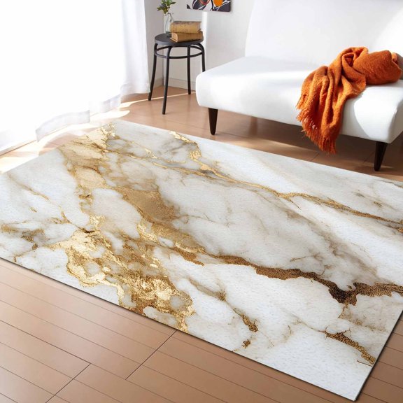 Area Rugs 5x8 Ft Abstract Art White Marble Pattern Gold Crack Rock Texture Non-Slip Washable Rug Indoor Rug Floor Mats Non Shedding Carpet for Living Room Bedroom Dining Room Home Decor