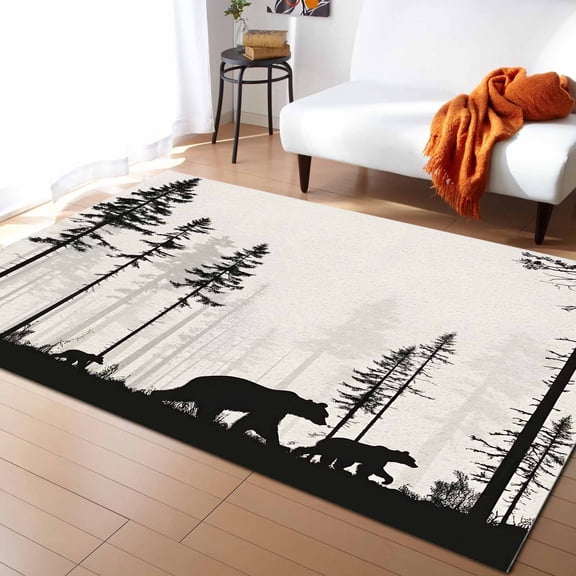 Area Rugs 5x8 Ft Abstract Bear Family Forest Trees Scenery Silhouette Non-Slip Washable Rug Indoor Rug Floor Mats Non Shedding Carpet for Living Room Bedroom Dining Room Home Decor