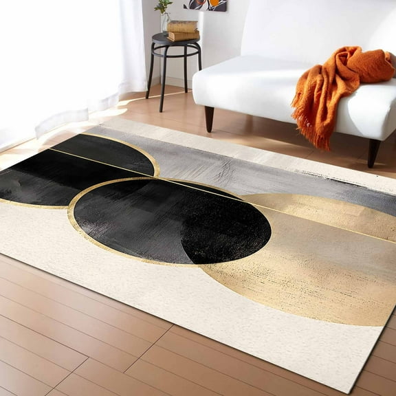 Area Rugs 5x8 Ft Abstract Black Gold Circle Stripe Mottled Geometric Retro Non-Slip Washable Rug Indoor Rug Floor Mats Non Shedding Carpet for Living Room Bedroom Dining Room Home Decor