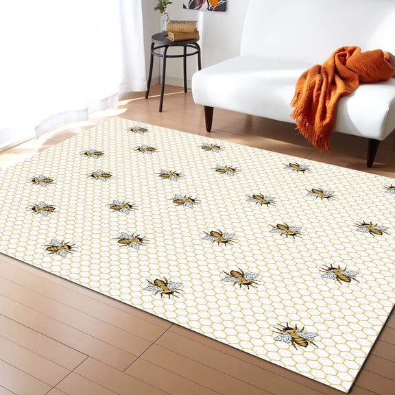 Area Rugs 5x8 Ft Bees Yellow Honeycomb Texture Non-Slip Washable Rug Indoor Rug Floor Mats Non Shedding Carpet for Living Room Bedroom Dining Room Home Decor