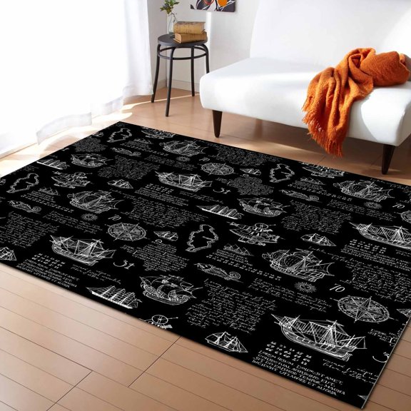 Area Rugs 5x8 Ft Black Ocean Map Logo White Silhouette Art Pattern Non-Slip Washable Rug Indoor Rug Floor Mats Non Shedding Carpet for Living Room Bedroom Dining Room Home Decor