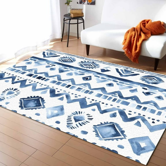 Area Rugs 5x8 Ft Bohemia Abstract Blue Geometric Texture Ethnic Style Non-Slip Washable Rug Indoor Rug Floor Mats Non Shedding Carpet for Living Room Bedroom Dining Room Home Decor
