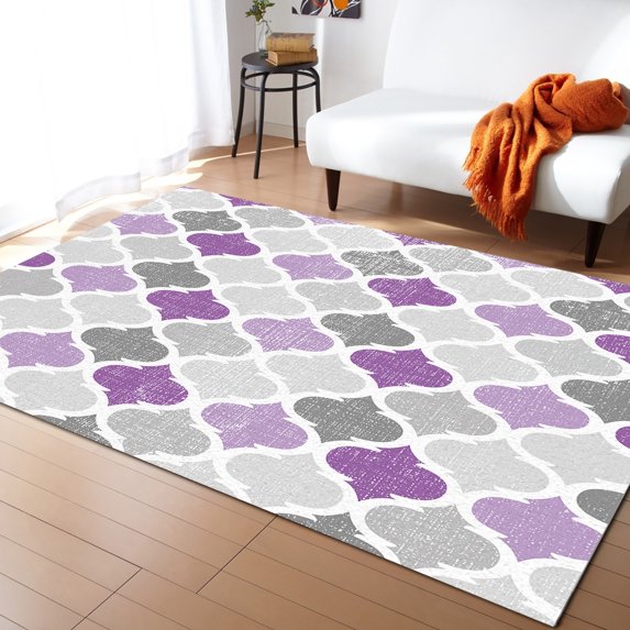 Area Rugs 5x8 Ft Geometric Morocco Quatrefoil Lattice Purple Grey Non-Slip Washable Rug Indoor Rug Floor Mats Non Shedding Carpet for Living Room Bedroom Dining Room Home Decor