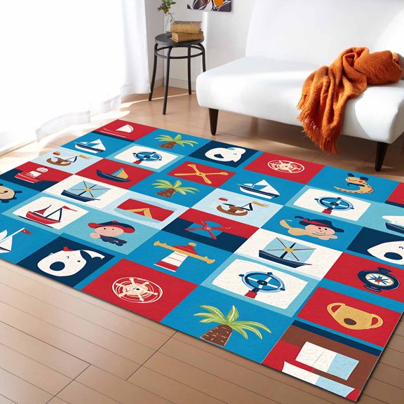 Area Rugs 5x8 Ft Lighthouse Ship Anchor Cartoon Style Non-Slip Washable Rug Indoor Rug Floor Mats Non Shedding Carpet for Living Room Bedroom Dining Room Home Decor