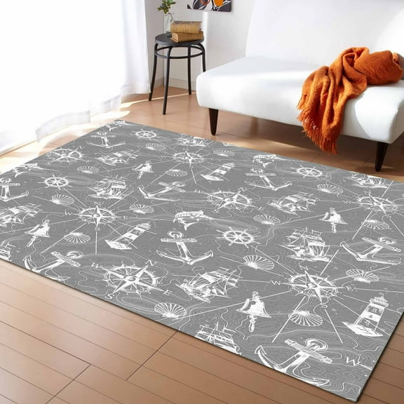 Area Rugs 5x8 Ft Ocean Grey Nautical Lines Pattern Non-Slip Washable Rug Indoor Rug Floor Mats Non Shedding Carpet for Living Room Bedroom Dining Room Home Decor
